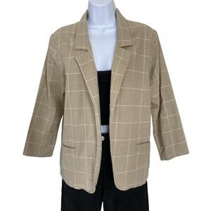 Vintage 80s Smith & Jones Woven Cotton Linen Tan White Grid Pattern Blazer S